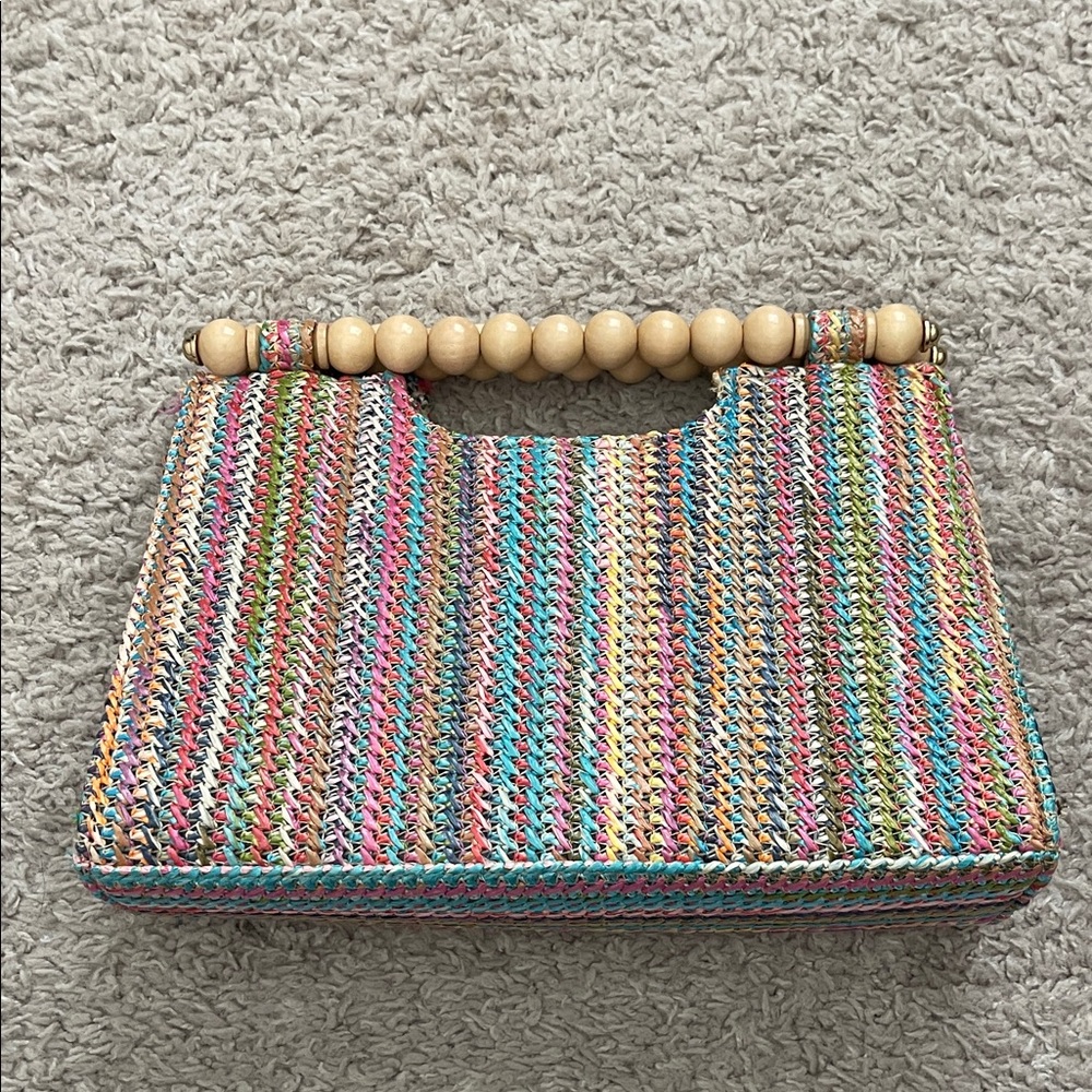 Multicolor Woven Clutch with Wooden Handle